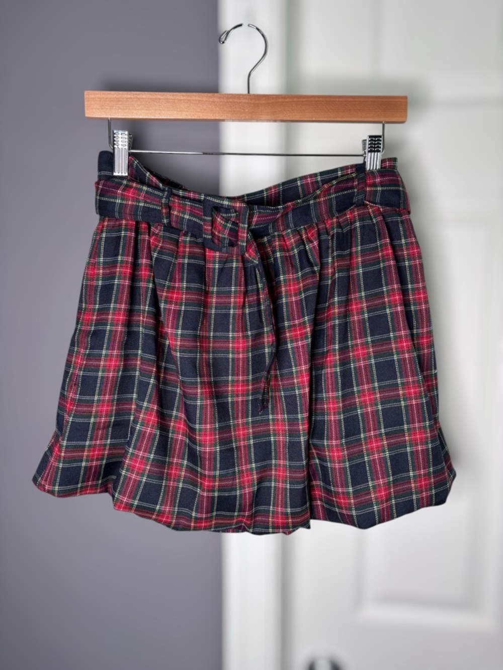 Day + Moon Red Navy Plaid Belted Bubble Mini Skirt Sz L